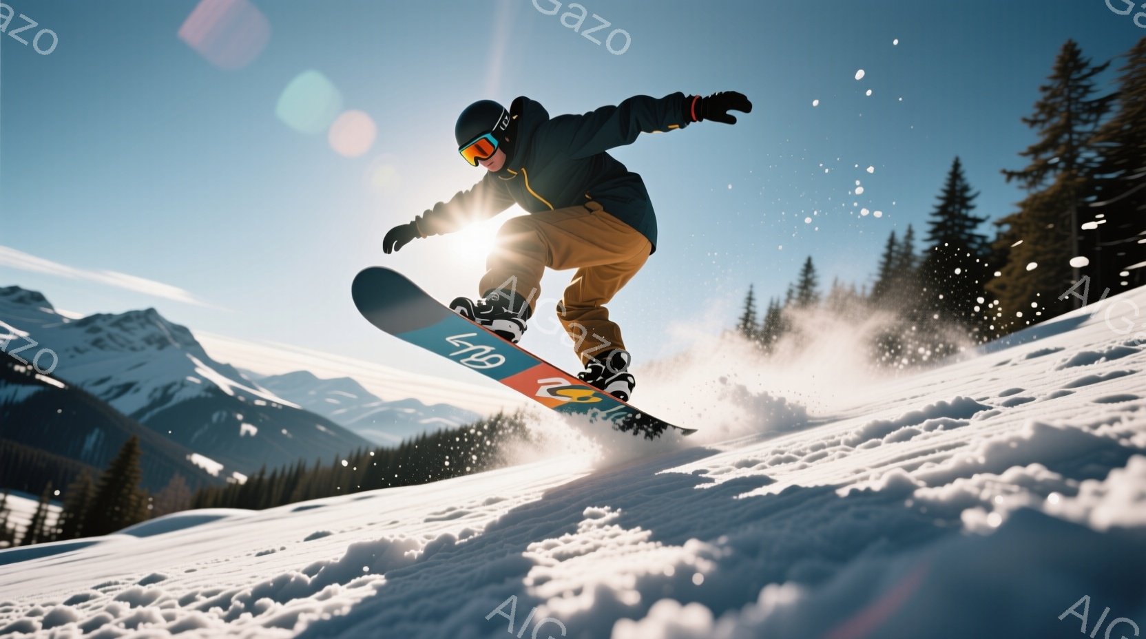 スノーボードを楽しむ男性が写っています。彼は黒のジャケットと茶色のズボンを着用し、ゴーグルで顔を覆っています。背景には雪に覆われた山々と松の木が見え、晴天の下で爽やかな冬の雰囲気が漂っています。