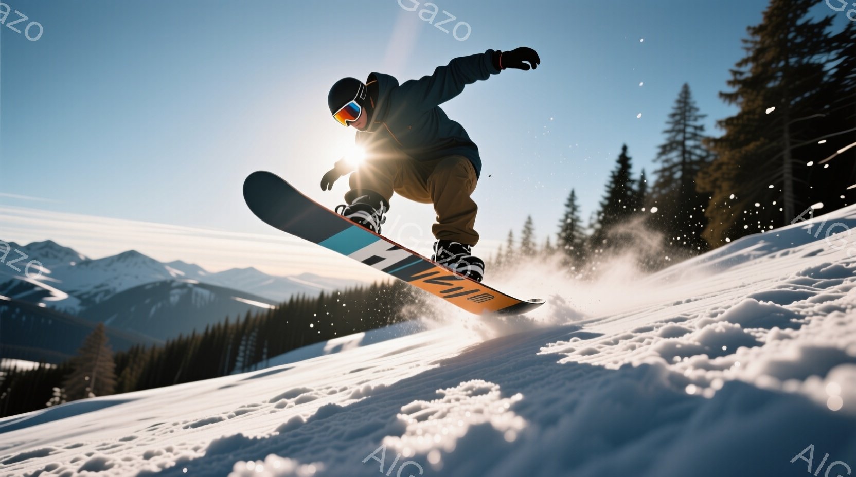 スノーボーダーが雪山を飛び越える瞬間を捉えた写真です。彼は黒のジャケットと茶色のズボンを着用し、ヘルメットとゴーグルで顔を覆っています。背景には針葉樹の森と雪を頂いた山々が広がり、晴天の下で爽やかな冬の雰囲気を醸し出しています。