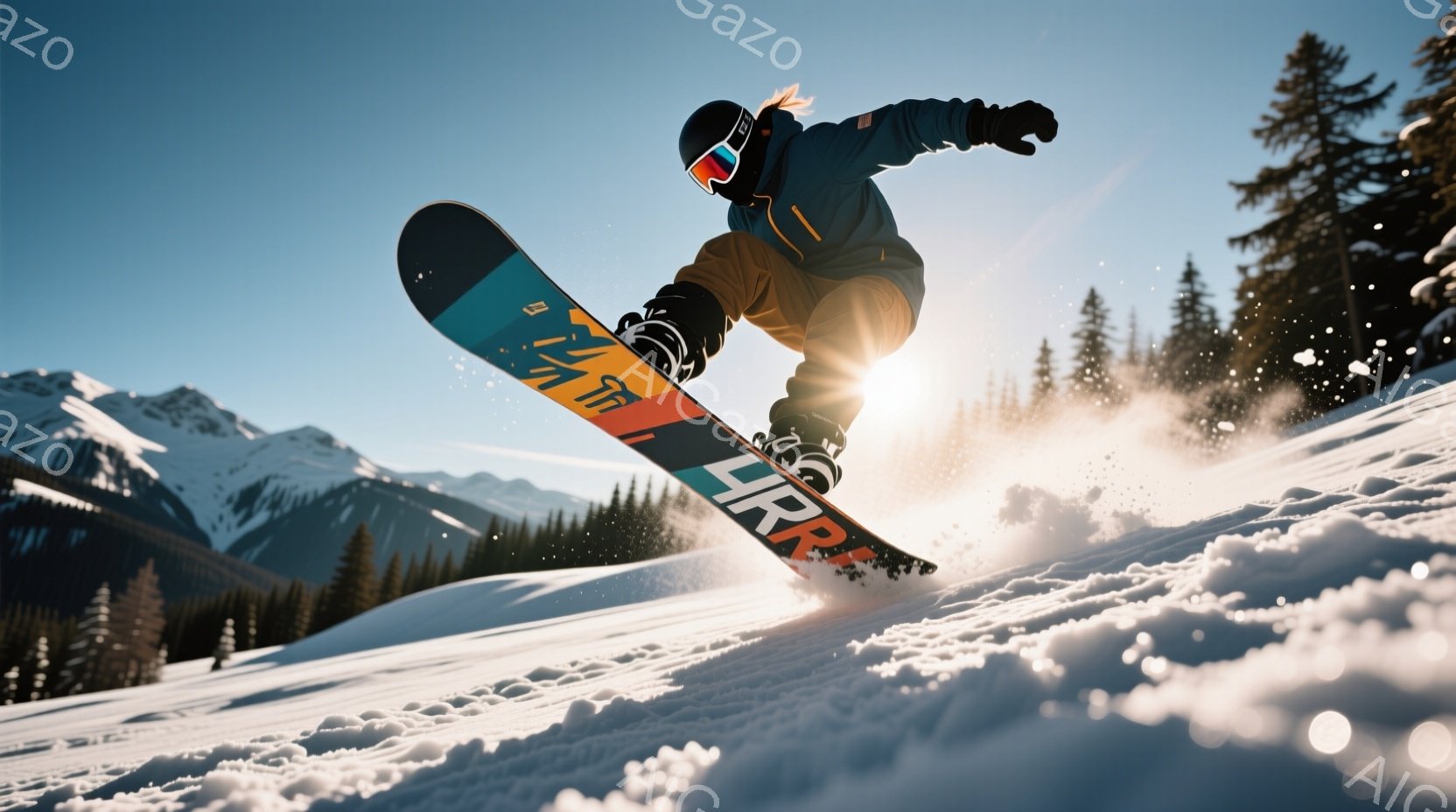スノーボーダーが雪山でジャンプを決めている様子が写っている。彼は黒のヘルメットとゴーグルを着用し、オレンジと黒のウェアを身につけている。背景には雪を頂いた山々と針葉樹林が広がり、晴天の下、雪が舞う冬の風景が広がっている。