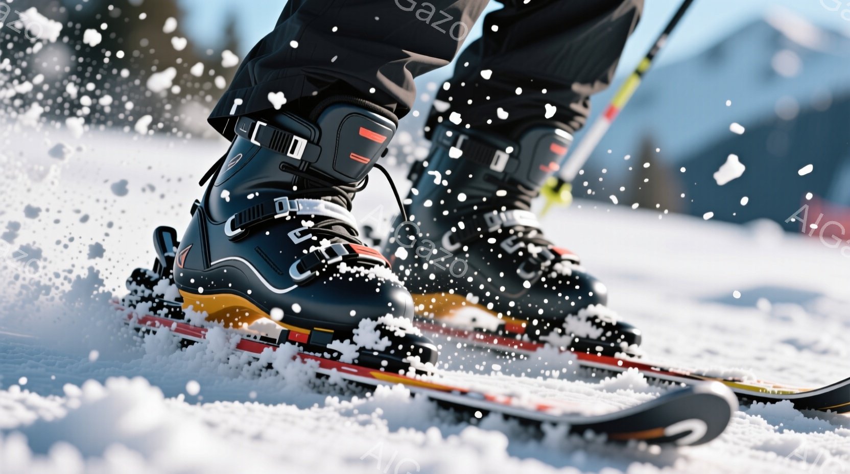 雪山を滑走するスキーヤーの足元を捉えた写真です。黒いスキーブーツは雪煙を上げながらスキー板の上で安定しており、鮮やかなオレンジと白のラインが特徴的です。背景には雪を抱いた山々と晴天が広がり、躍動感あふれる冬のスキーシーンが表現されています。