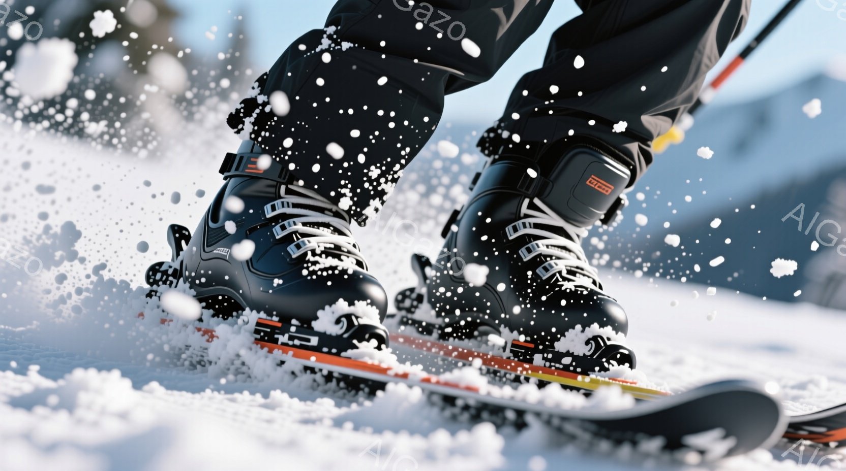 鮮やかな雪面をスキーが滑走している様子が捉えられた写真です。黒色のスキーブーツはしっかりと固定されており、スキー板の上で雪煙を上げながら進んでいます。背景にはぼんやりとした山並みが見え、晴天の下、冬のスキーを楽しんでいる様子が伝わってきます。