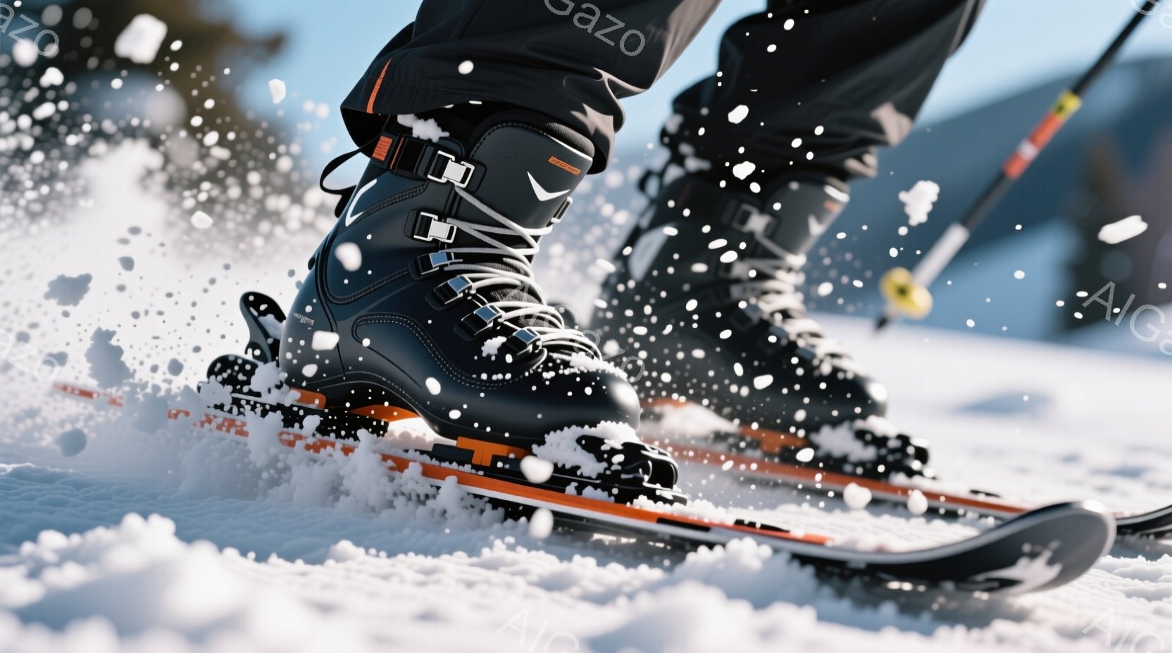 雪上を滑走するスキーヤーの足元を捉えた写真です。黒いスキーブーツとスキー板が雪煙を上げながら滑っている様子が捉えられており、ブーツにはオレンジ色のラインがアクセントとして入っています。背景は雪景色で、晴天のもと、活気あるウィンタースポーツの雰囲気が伝わってきます。