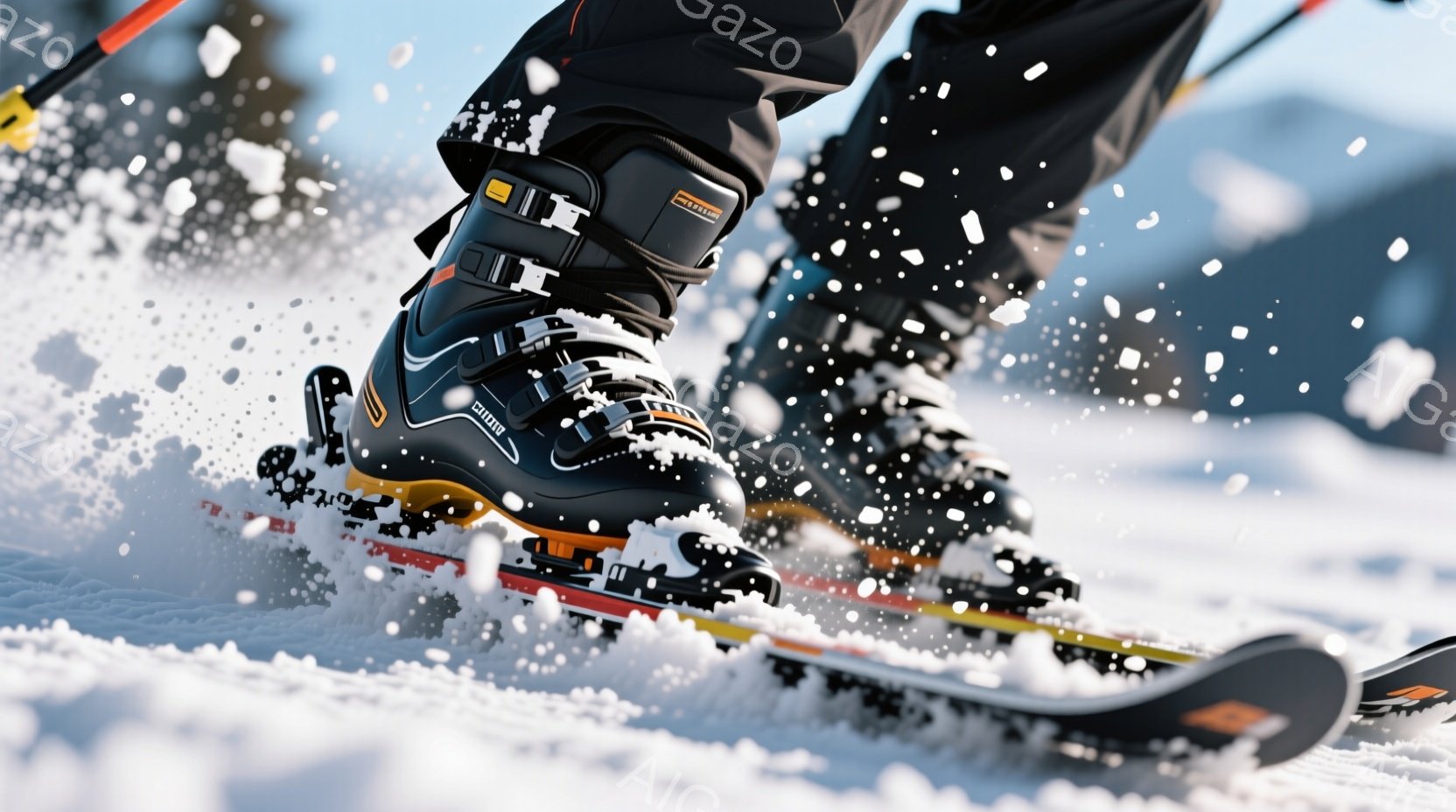 スキーヤーの足元を捉えた写真で、雪が舞い上がっています。黒色のスキーブーツと、赤と黒のストライプが入ったスキー板が鮮明に写っており、スピード感と躍動感があります。背景には白い雪景色が広がり、冬のスキーを楽しんでいる様子が伝わってきます。