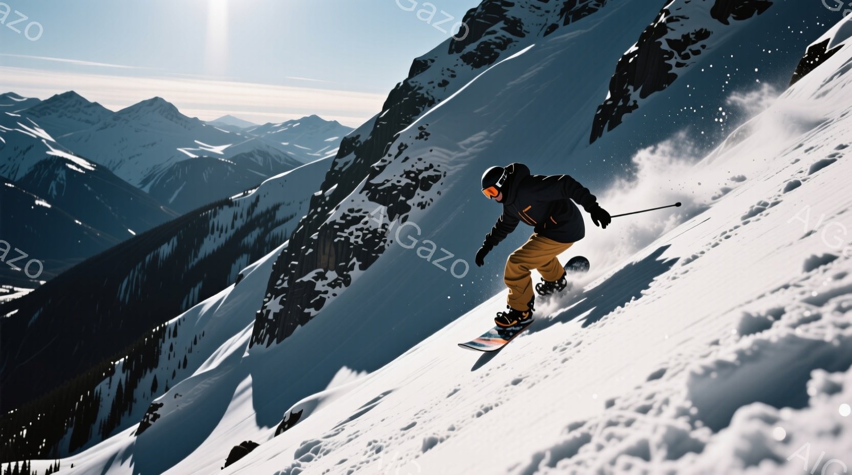 スノーボーダーが雪山を高速で滑下している様子が捉えられています。黒いジャケットと茶色のズボンを着用し、ヘルメットとゴーグルで身を固めた彼は、雪煙を巻き上げながら力強い姿勢で滑走しています。背景には雪をまとった険しい山々が広がり、晴天の下、爽快感あふれる冬の風景が広がっています。