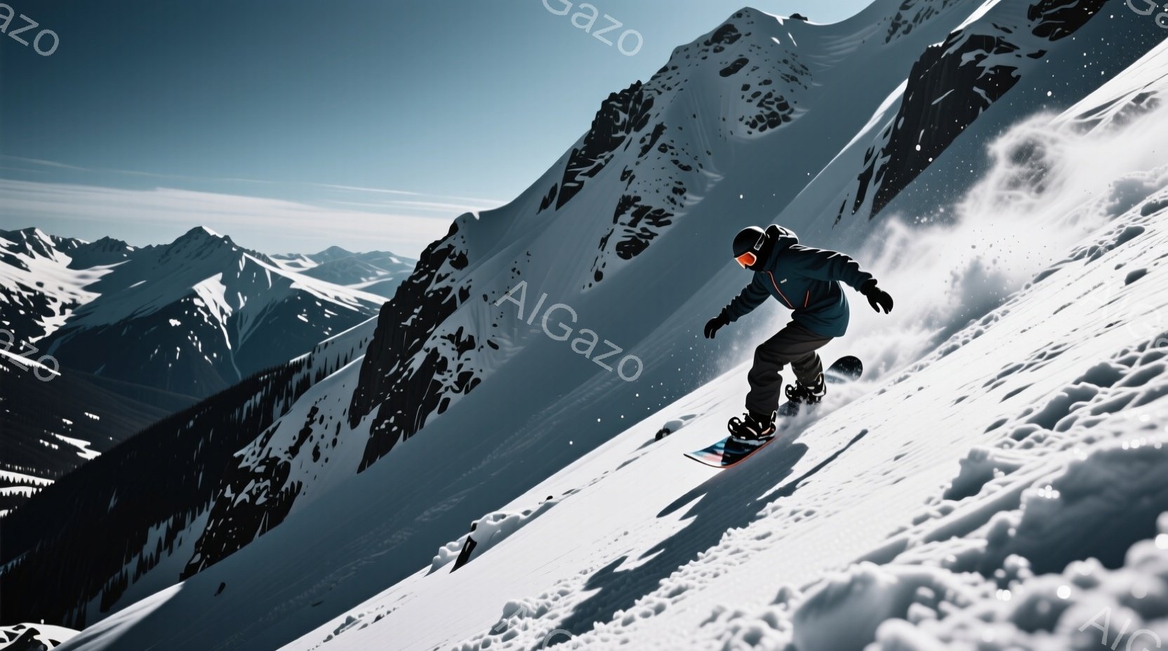 スノーボーダーが雪山を疾走している様子が捉えられています。彼は黒のヘルメットとゴーグルを着用し、濃い青色のジャケットと黒のズボンというスキーウェア姿で、空中で技を繰り出しています。背景には雪を頂いた険しい山々が連なり、晴天の下、爽やかな冬の景色が広がっています。