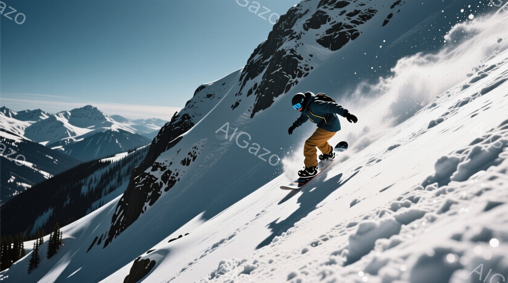 スノーボードをする人が雪山を高速で滑っている様子が捉えられています。彼は黒いジャケットとオレンジ色のズボンを着用し、ヘルメットとゴーグルで顔を覆っています。背景には雪に覆われた山々が連なり、雪煙が舞うことでダイナミックな冬の景色が表現されています。