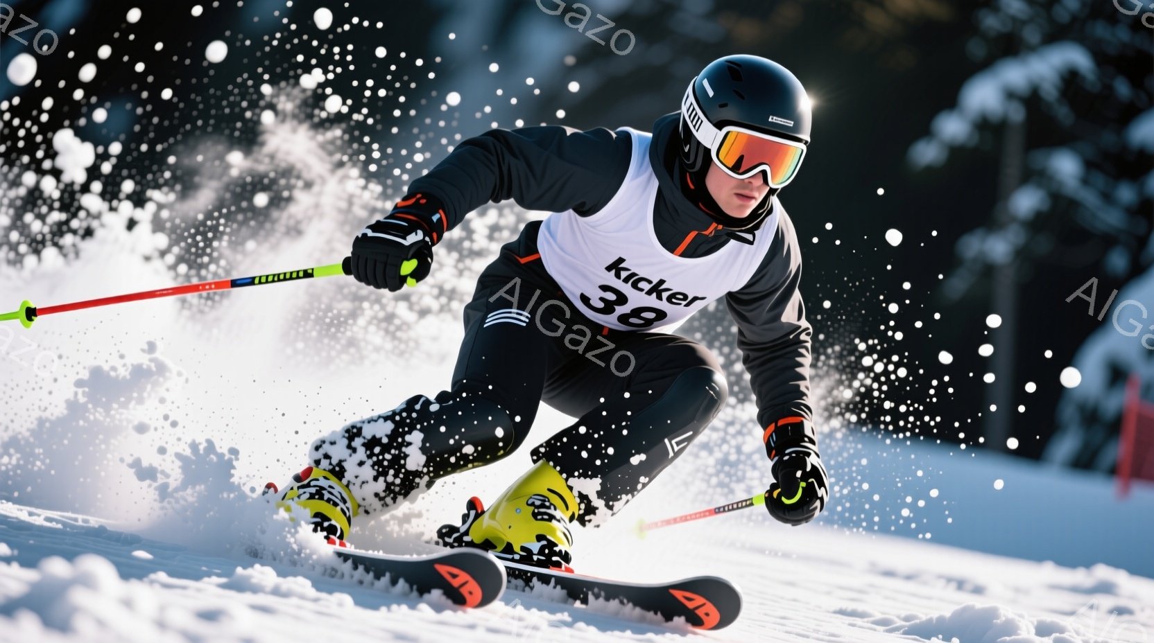 スキーヤーが雪上を疾走する様子が捉えられています。黒いスキーウェアに、黄色と黒の模様が入ったスキー板、そして白地に黒文字の「KICKER」と数字の「38」が書かれたビブスを着用しています。雪が舞い散る背景と、スキーヤーのダイナミックな姿勢から、競技中の緊張感と躍動感が伝わってきます。
