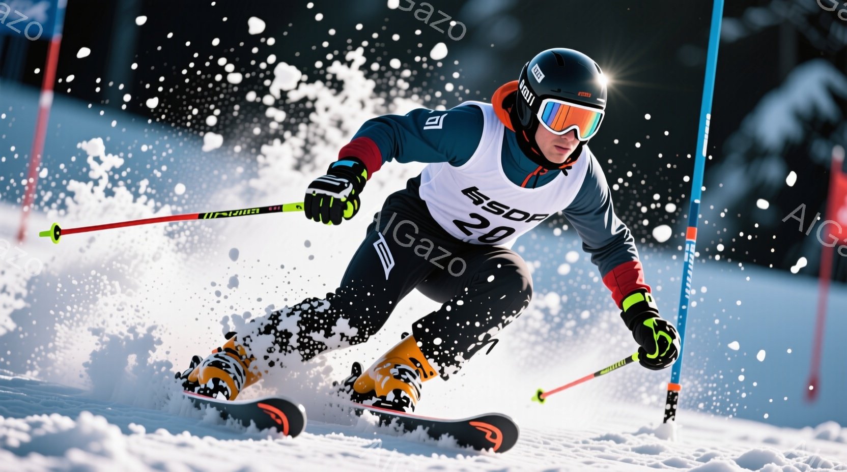 スキーヤーが急斜面を高速で滑走している様子が捉えられています。黒いヘルメットとゴーグルを着用し、黒と白のスキーウェア、そして鮮やかなオレンジと黒のスキーブーツを身に着けています。背景には雪が舞い散る白一色のスキー場が広がり、競技中の緊張感と躍動感あふれる雰囲気が伝わってきます。