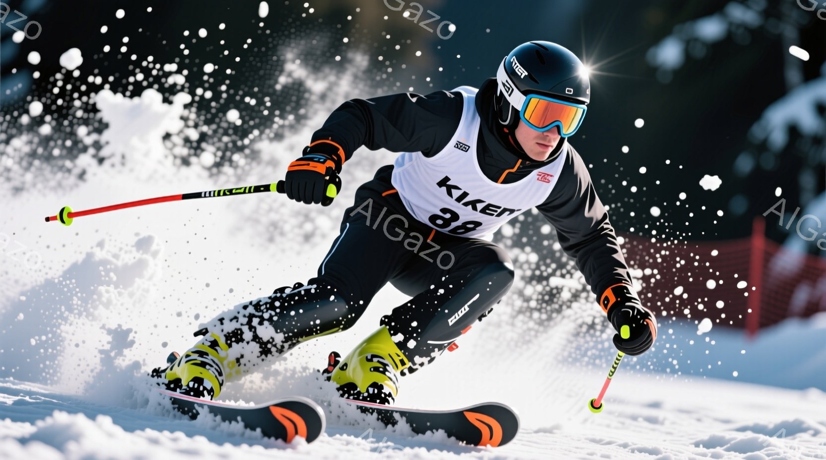 スキーヤーが急斜面を滑走しており、黒と黄色のスキーウェア、ヘルメット、ゴーグルを着用しています。姿勢は非常に低く、スピード感があり、雪煙を巻き上げながら前進しています。背景は白い雪景色で、天候は雪が降っており、競技の激しさと冬の寒さを感じさせます。