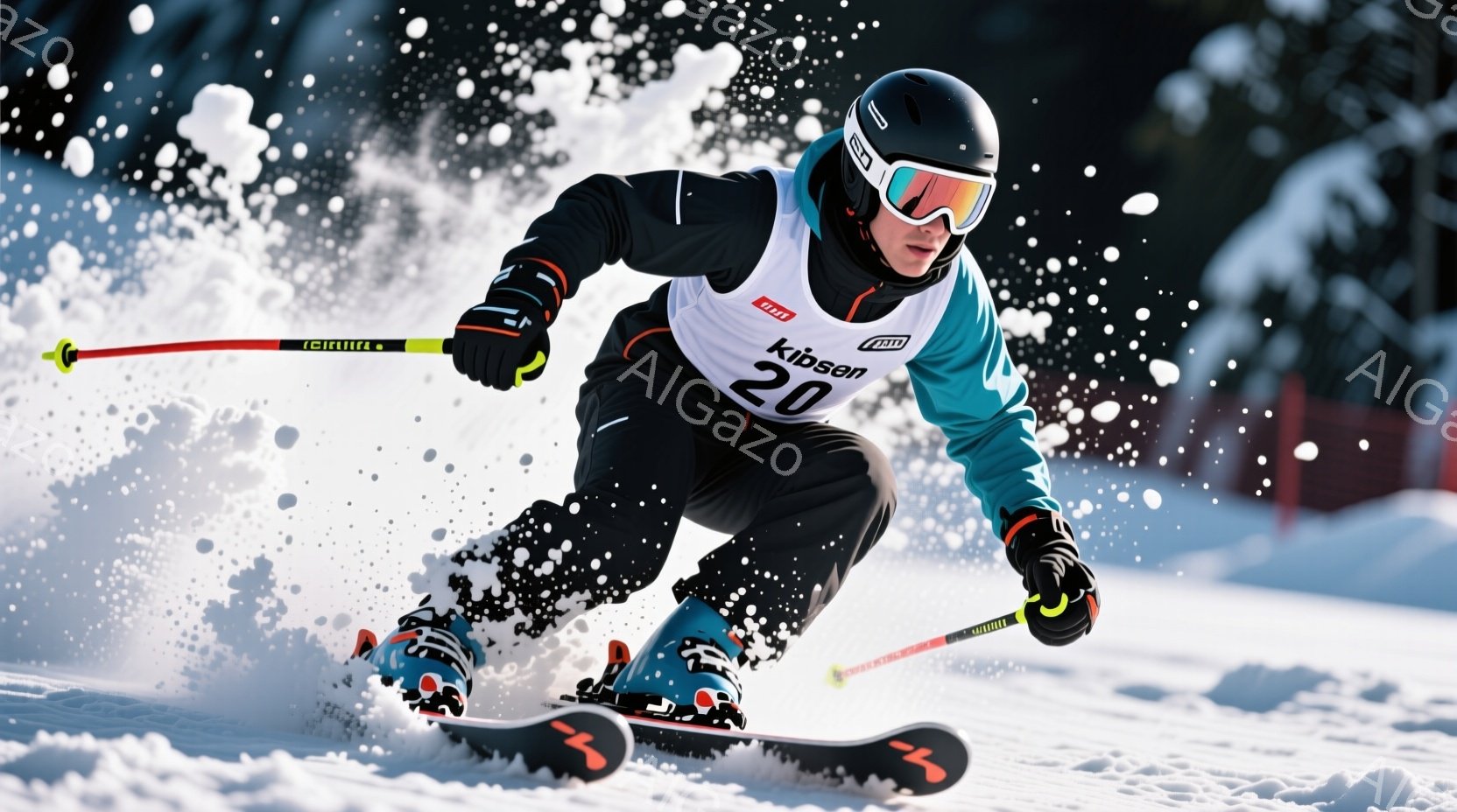 スキーヤーが雪上を高速で滑走している様子が捉えられています。彼は黒と青のスキーウェアにヘルメットとゴーグルを着用し、集中した表情で、体を低く構え、急な斜面を巧みに滑っています。背景には白い雪景色が広がり、雪煙が舞い上がっており、スピード感と躍動感溢れる冬のスポーツの瞬間を捉えた写真です。