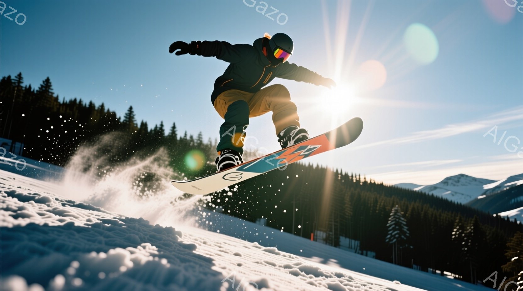 スノーボードをする男性が写っている。彼は黒いジャケット、茶色のズボン、ヘルメットとゴーグルを着用し、空中で技を披露している。背景には緑の針葉樹林と雪山が広がり、晴天の下、雪が舞う冬の風景が広がっている。