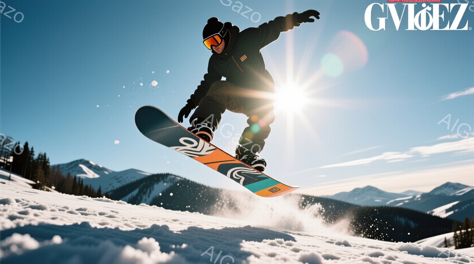 スノーボーダーが雪上を高くジャンプしている様子が写っている。彼は黒いジャケット、黒いズボン、そして顔を覆うゴーグルと帽子を着用し、空中で体をひねってアクロバティックなポーズを取っている。背景には雪を頂いた山々と針葉樹林が広がり、晴天の下、ダイナミックでエネルギッシュな雰囲気が漂っている。