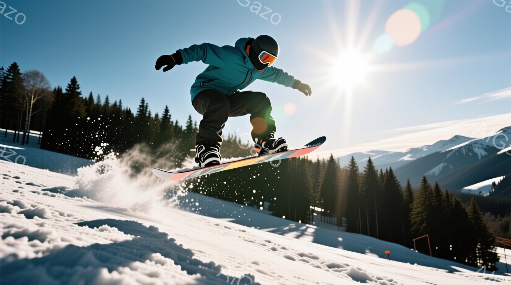 スノーボーダーが雪上を飛び跳ねている様子が捉えられています。彼は濃い青色のジャケットと黒のズボンを着用し、ヘルメットとゴーグルで頭部を保護しています。背景には緑豊かな針葉樹林と雪山が広がり、晴天で雪が輝く冬の風景が広がっています。