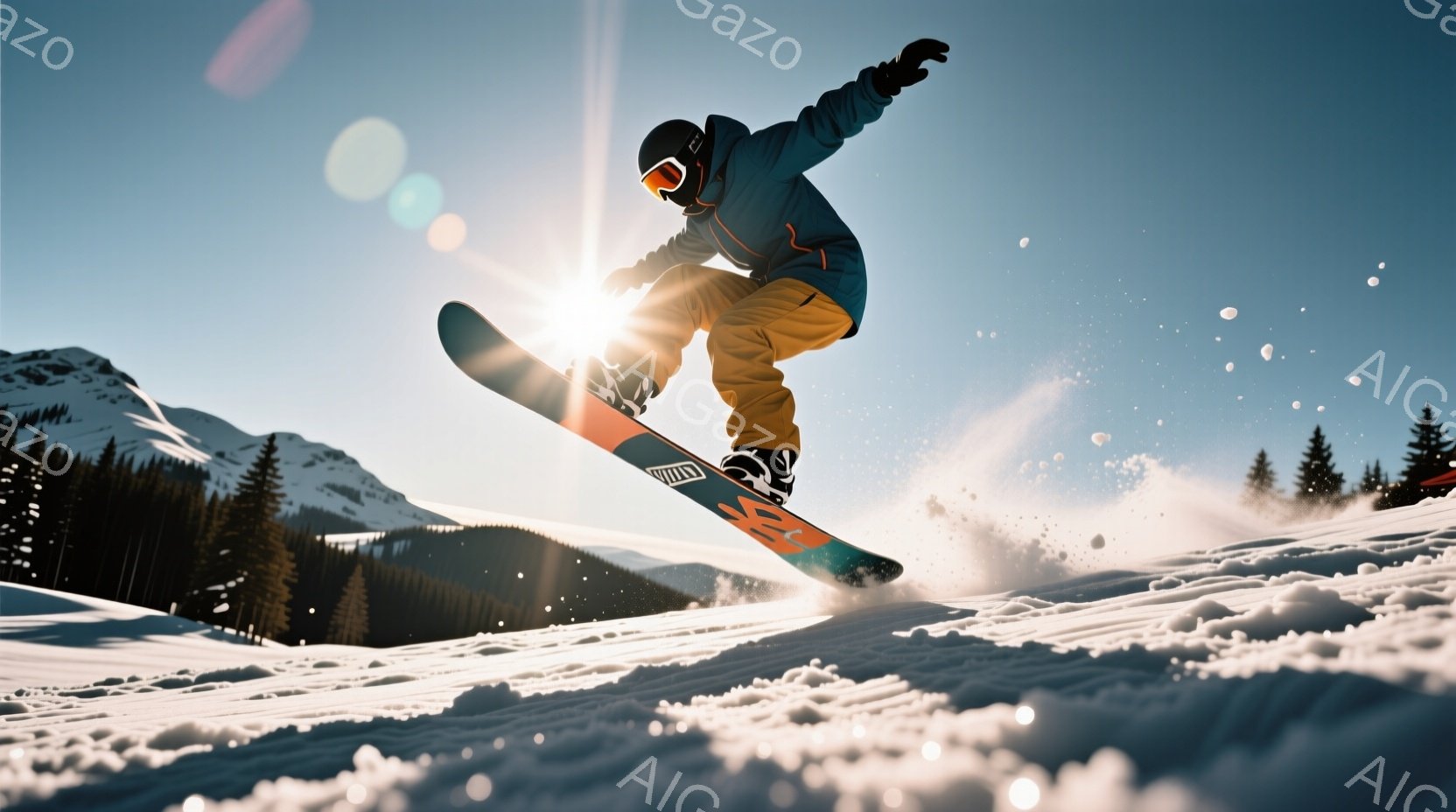 スノーボーダーが雪上を飛び跳ねる瞬間を捉えた写真です。彼は黒のヘルメットとゴーグルを着用し、オレンジ色のズボンと濃い青色のジャケットを着ています。背景には雪を頂いた山々と針葉樹林が広がり、太陽の光が雪面で反射して明るい雰囲気を醸し出しています。