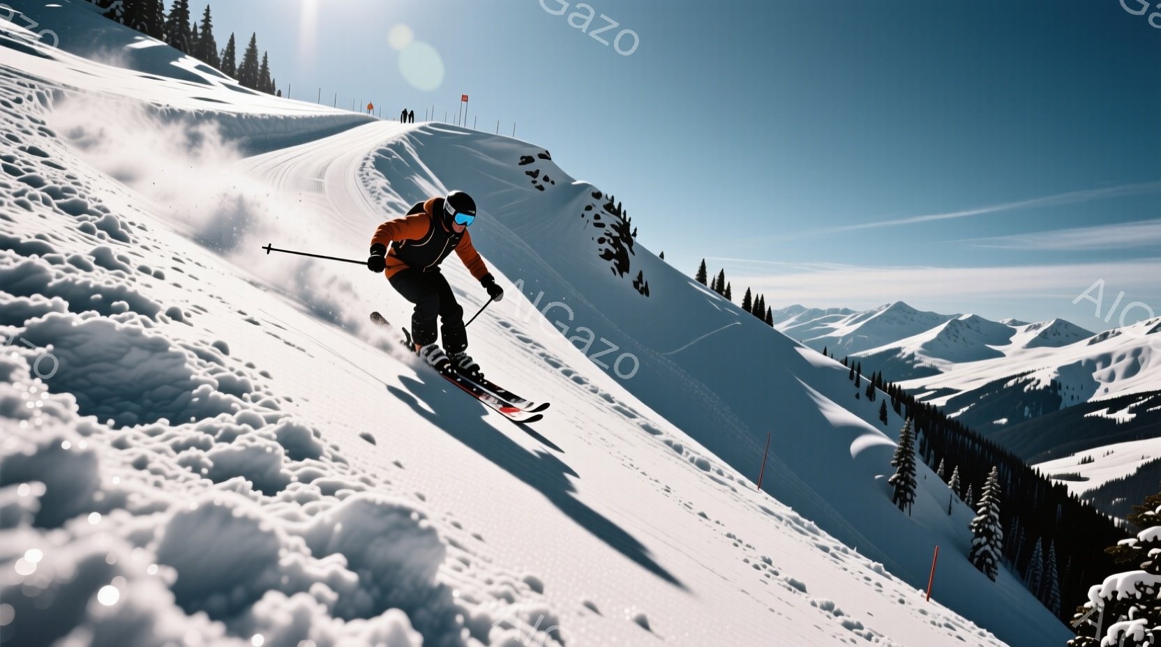 スキーヤーは鮮やかなオレンジ色のジャケットと黒いスキーパンツを着用し、雪上を高速で滑走している。彼の姿勢は低く、バランスが取れており、雪が激しく舞い上がっていることから、かなりのスピードが出ていることがわかる。背景には雪を頂いた山々が連なり、松の木が点在し、晴天の空の下、冬のダイナミックな風景が広がっている。