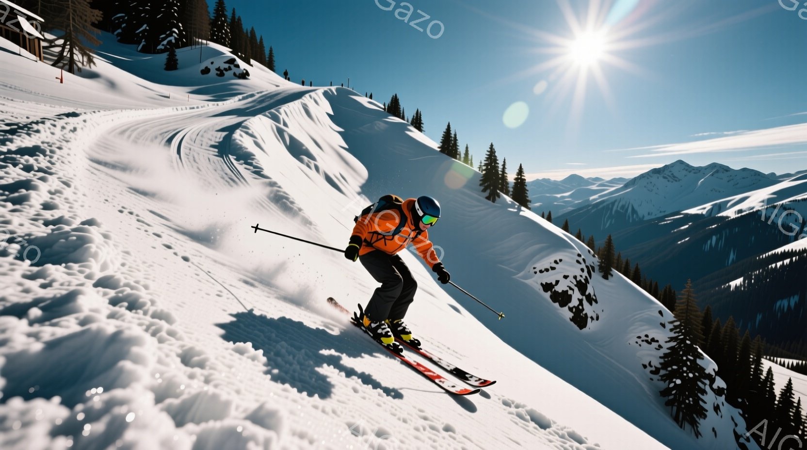 スキーヤーはオレンジ色のジャケット、黒いズボン、ヘルメットを着用し、雪の上を滑走しています。彼は前傾姿勢で、スキー板を使って雪面を切り開いており、スピード感があります。背景には雪をまとった山々や針葉樹林が広がり、晴天の下で爽やかな冬の風景が広がっています。