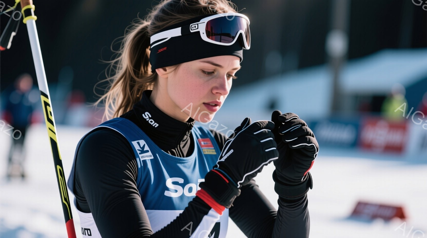 クロスカントリースキーヤーの女性が写っています。彼女は黒いヘアバンドとゴーグルを着用し、黒と白のスポンサーロゴが入ったスキースーツを着ています。彼女は両手で手袋を暖めながら、前を見下ろした表情で、競技後の静かな瞬間を捉えています。