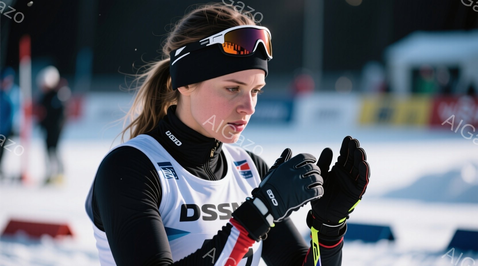 この女性は、スキーウェアを着て、頭にヘッドバンドとゴーグルを着用し、雪の中を立っています。彼女は手を重ねて暖めようとしているようで、少し疲れた表情をしています。背景には雪景色と遠くに見える建物があり、寒い冬の日の競技風景を暗示しています。