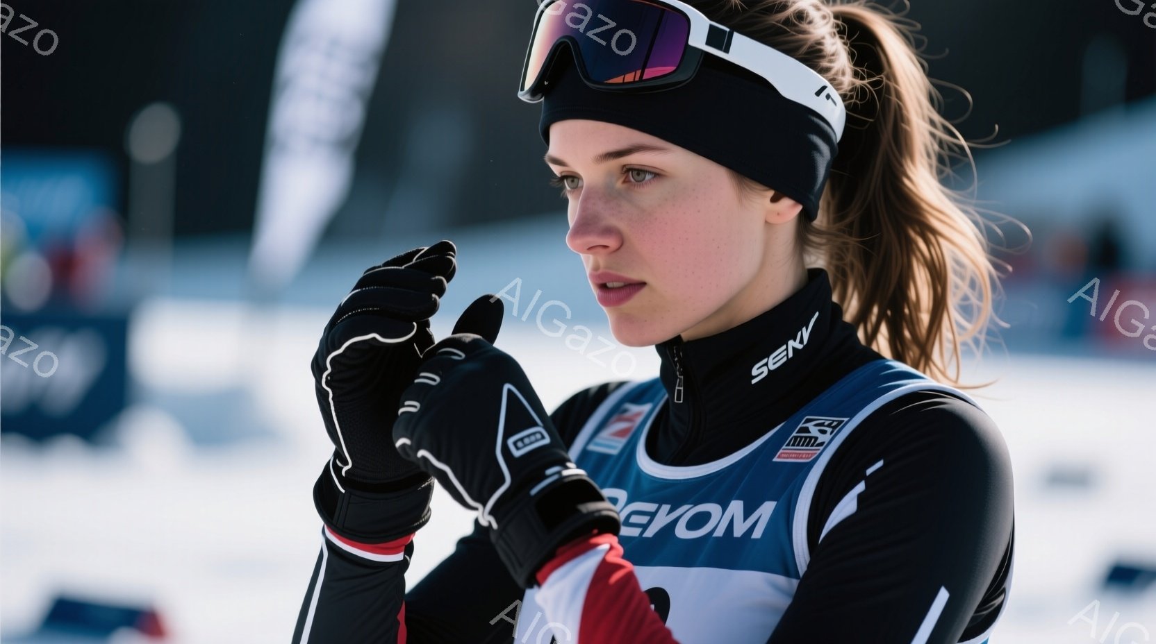 この女性は、黒いニット帽とゴーグルを着用し、赤いアクセントの入った黒と白いスキースーツを着ています。彼女はわずかに顔を傾け、厳しい表情で前を見据え、片手をグローブで握り締めています。背景には雪景色が広がり、競技場のような白い壁や建物が見え、冬のスポーツイベントが行われている雰囲気が伝わってきます。