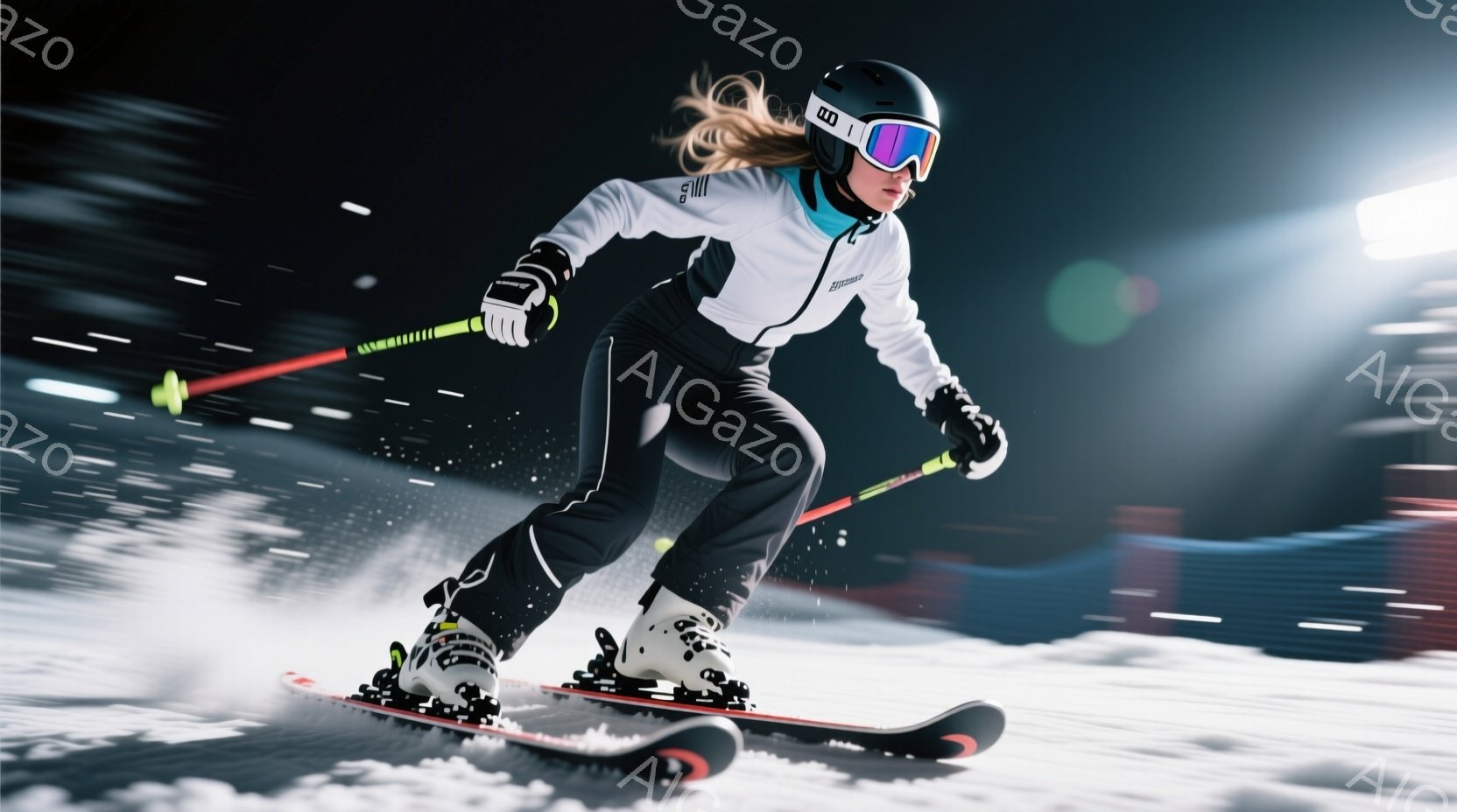 スキーヤーは、黒と白のスキーウェアとヘルメット、ゴーグルを着用し、雪上を高速で滑走している。彼女の髪は後ろで三つ編みにされ、姿勢は低く安定しており、スピード感あふれる滑りを表現している。背景は白くぼやけた雪景色で、光の筋が速度感を強調し、ダイナミックな冬の雰囲気を醸し出している。
