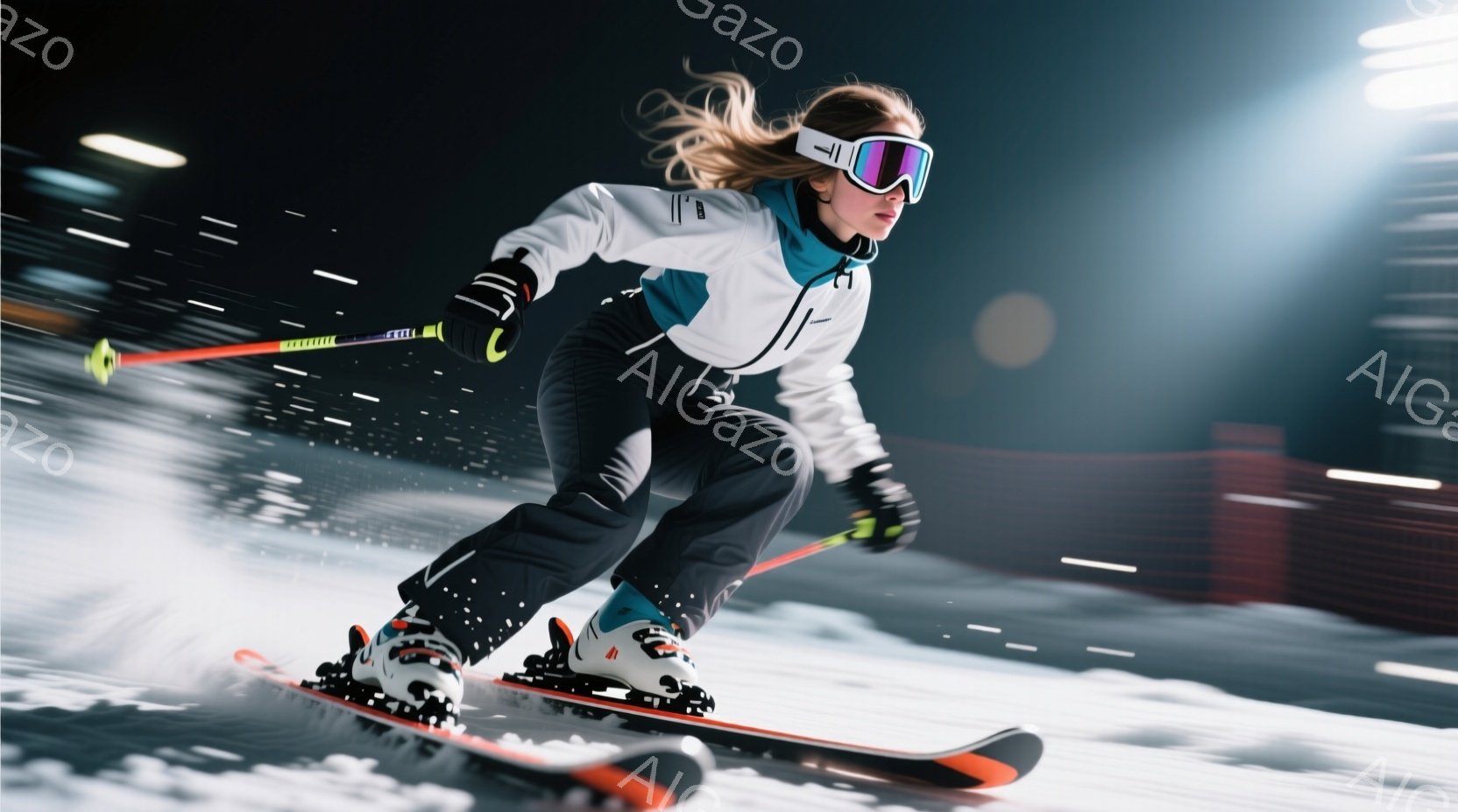 スキーヤーが雪の上を高速で滑っている様子が写っています。彼女は白いジャケットに黒いズボンを着用し、ピンク色のゴーグルと髪を後ろでまとめたヘアスタイルです。背景は雪景色がぼやけており、スピード感と冬の寒さを感じさせる写真です。