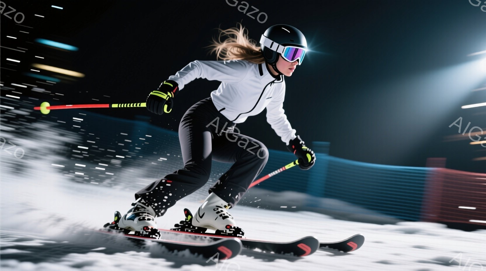 スキーヤーが雪上を高速で滑走している様子が捉えられています。彼女は黒いスキーウェアに白いジャケット、ヘルメットとゴーグルを着用し、髪はポニーテールにまとめています。背景にはぼやけた建物と雪が舞っており、スピード感と冬の寒さを感じさせるダイナミックな雰囲気です。