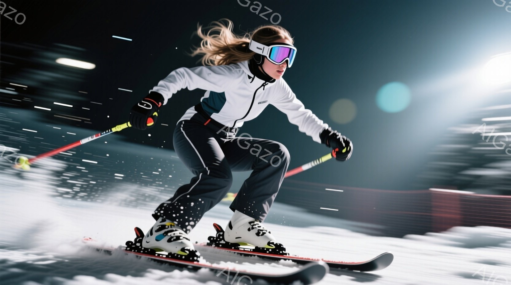 スキーヤーが雪の上を高速で滑っている様子が捉えられています。彼女は白と黒のスキーウェアに、黒い髪を後ろでまとめて、ゴーグルをかけています。背景にはぼやけた雪景色と、遠くに見える建物があり、全体的に躍動感あふれる冬の雰囲気が漂っています。