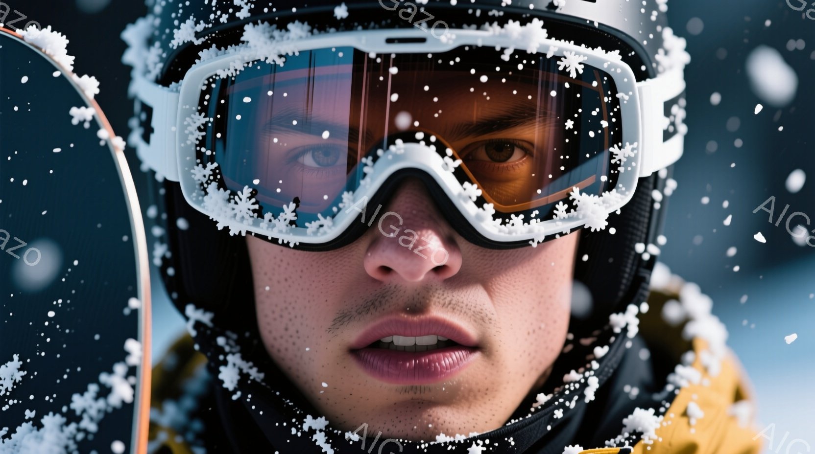 雪が降る中でスキーゴーグルを着用した男性の顔のクローズアップです。彼は、浅い茶色の髪と口ひげがあり、口元は引き締まっており、集中した表情をしています。背景はぼやけており、雪の降る屋外のシーンであることがわかります。