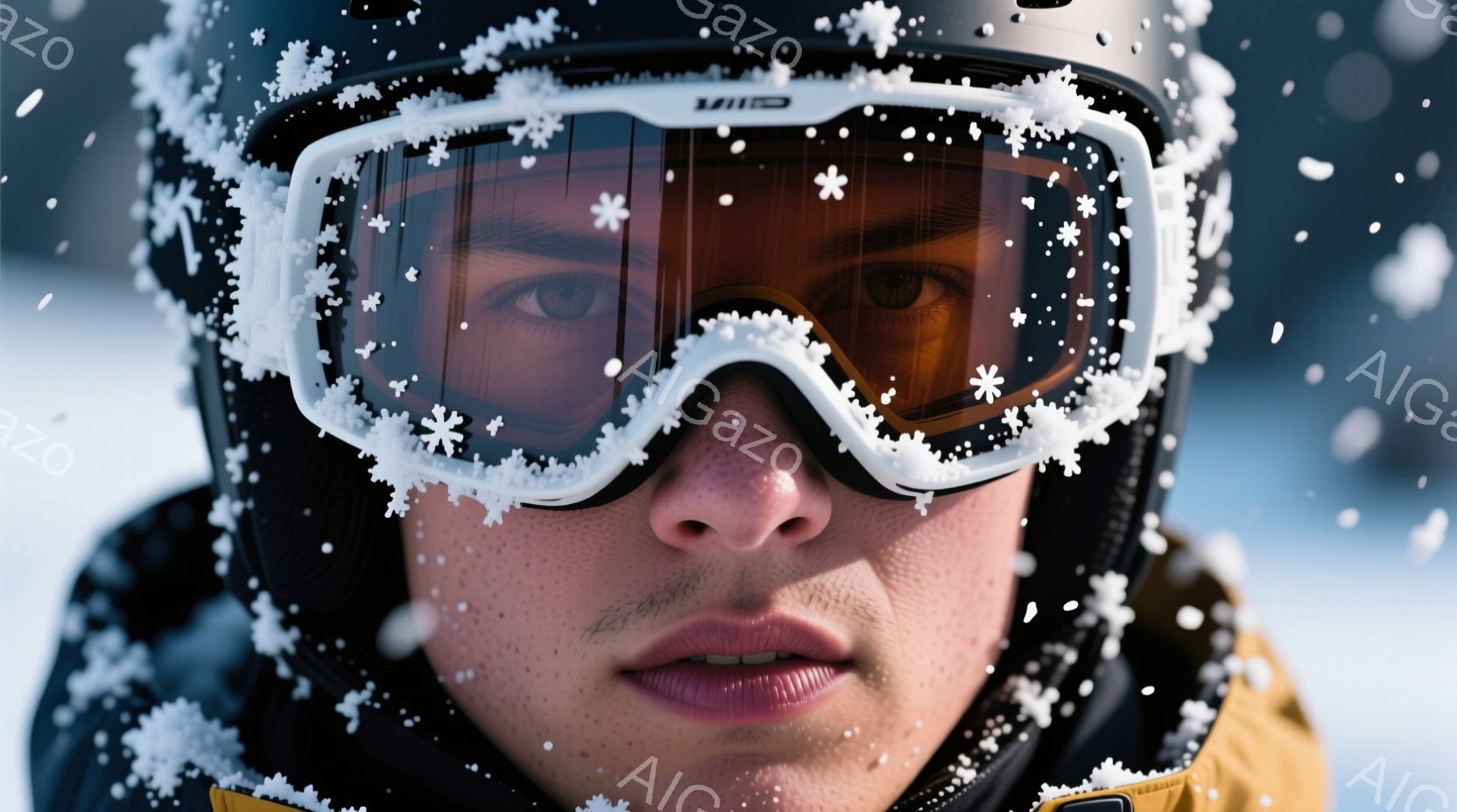 雪が舞う中、スキーゴーグルを装着した若い女性のポートレートが捉えられています。彼女は黒いヘルメットと濃い色のジャケットを着用し、唇はわずかに開いており、やや真剣な表情をしています。背景は白くぼやけており、雪景色であることがわかります。