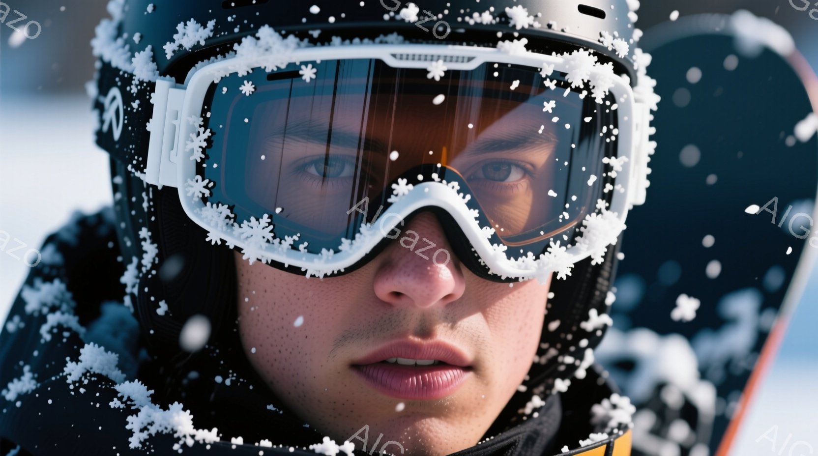 スキーゴーグルを着用した若い女性のクローズアップ写真です。彼女は黒いヘルメットとジャケットを身に着けており、雪が舞う寒そうな冬の日に屋外にいます。彼女の表情は真剣で、少し険しいですが、強い意志を感じさせます。