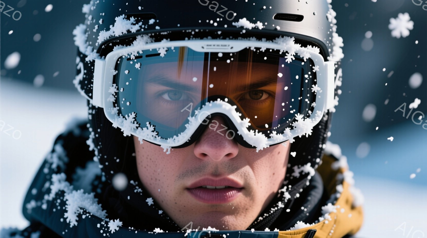 吹雪の中にいる男性の顔のアップです。彼は黒いヘルメットとゴーグルを着用し、ゴーグルのレンズには雪が積もっています。その表情は真剣で、視線は正面を捉え、冬の厳しい環境に耐える強い意志が感じられます。