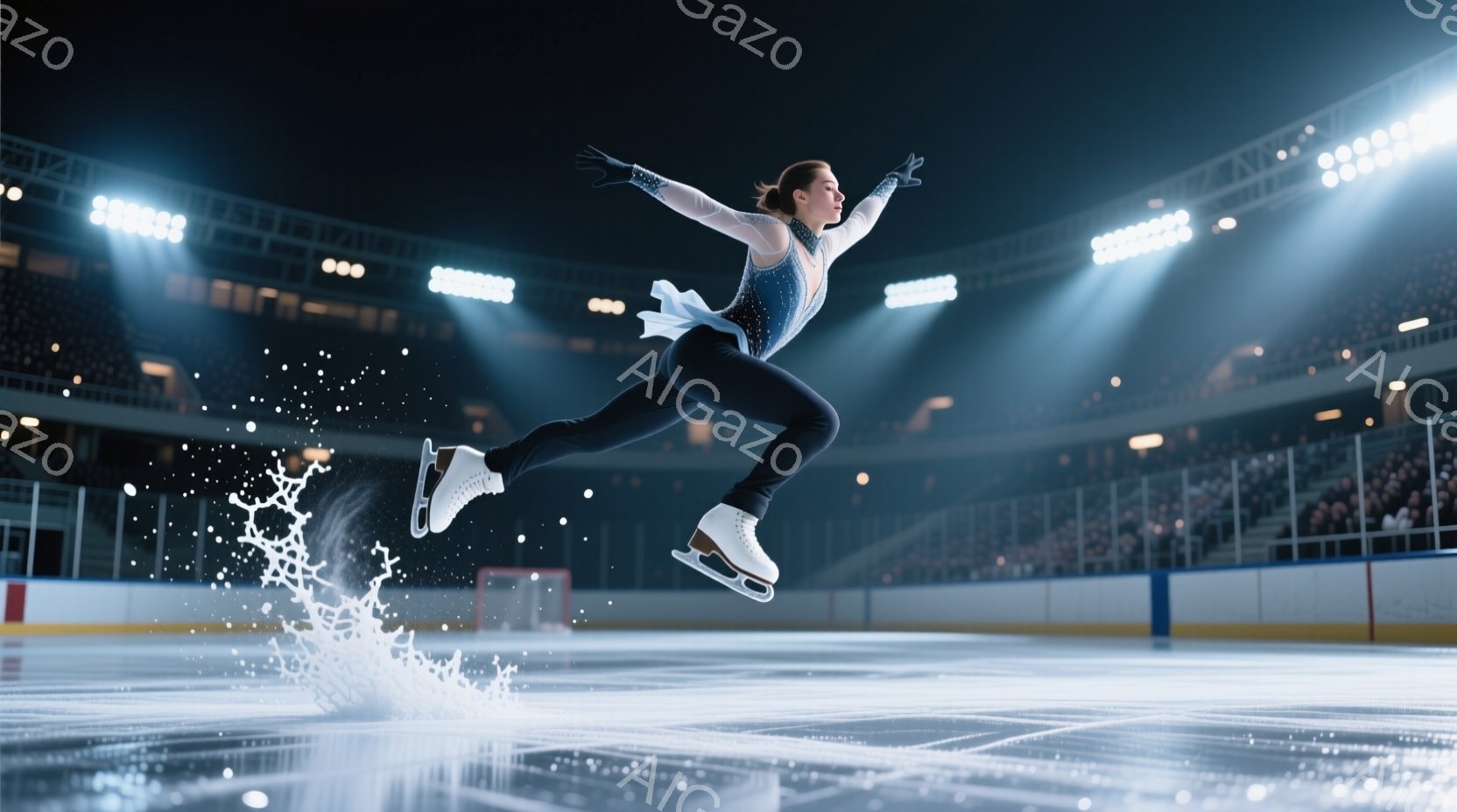 白い衣装と黒い髪をポニーテールにした女性フィギュアスケーターが、氷上を高くジャンプして空中姿勢をとっています。彼女の表情は集中しており、流れるような美しい姿勢と、飛び散る氷の破片が印象的です。背景は観客席で埋め尽くされたスケートリンクで、強い光が彼女を照らし、競技場の熱気と緊張感が伝わってきます。