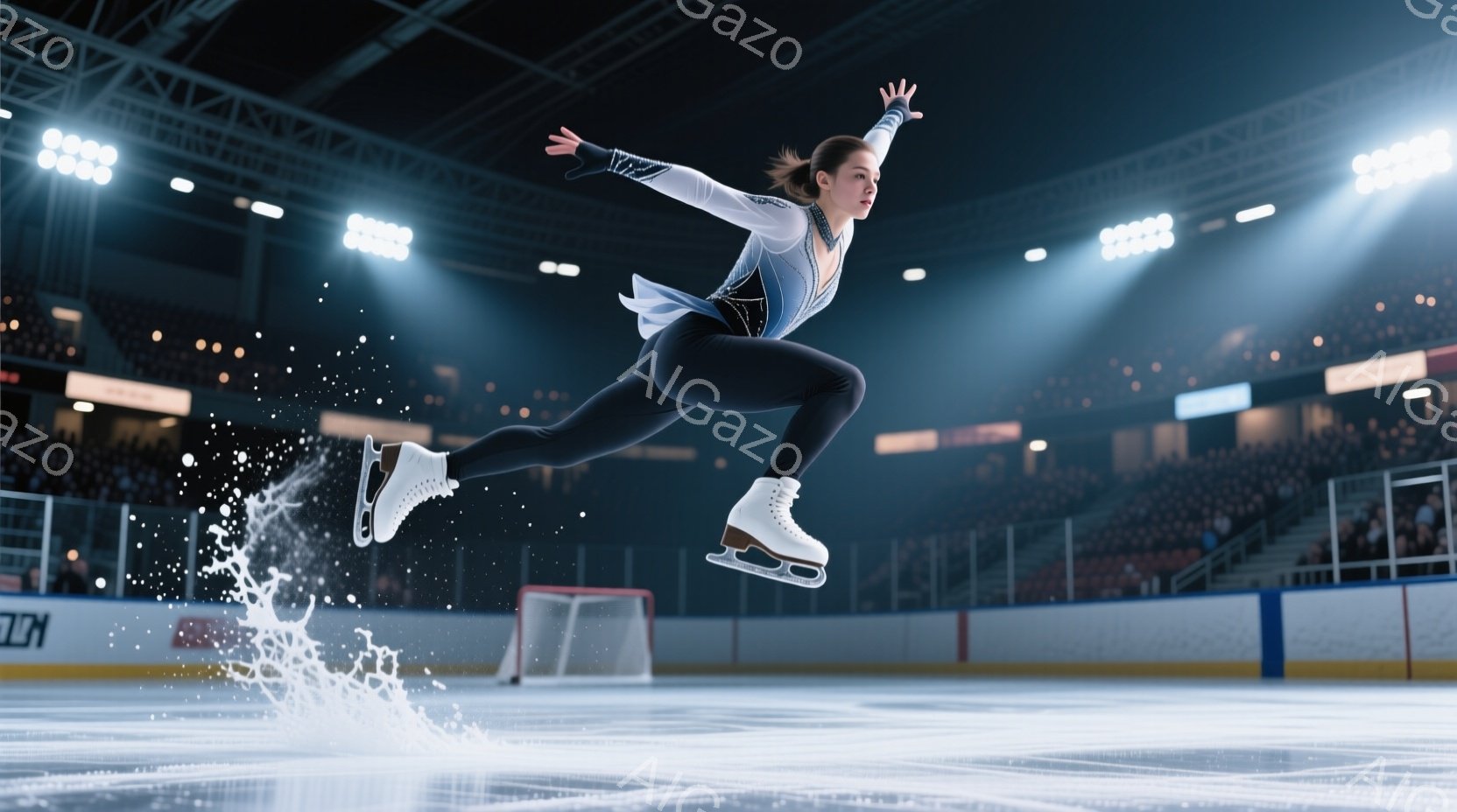 フィギュアスケート選手が空中でジャンプしている様子が写っています。彼女は、水色の長袖と黒いズボンを着用し、髪を高い位置でまとめ上げています。背景には観客席と、アイスホッケーのゴールネットが見え、競技会場の活気ある雰囲気が伝わってきます。