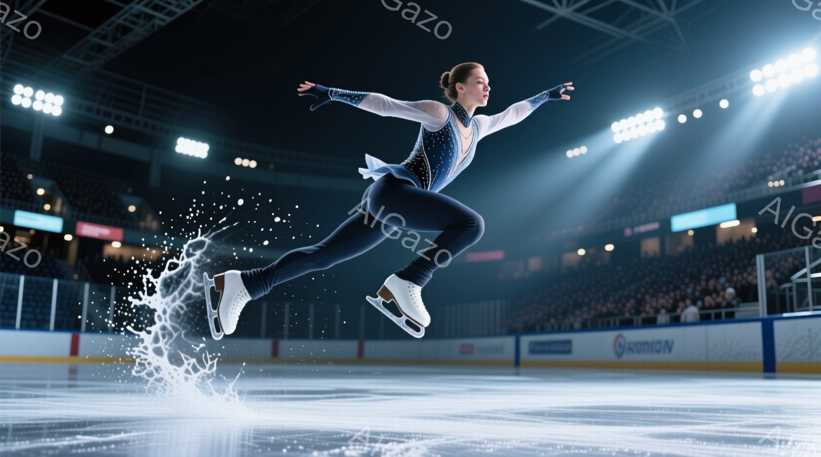 フィギュアスケート選手が空中でジャンプしている瞬間を捉えた写真です。濃い青色の衣装を身に着け、髪はきっちりとまとめられています。背景には観客席と照明がぼやけており、氷上での躍動感と競技場の雰囲気が伝わってきます。
