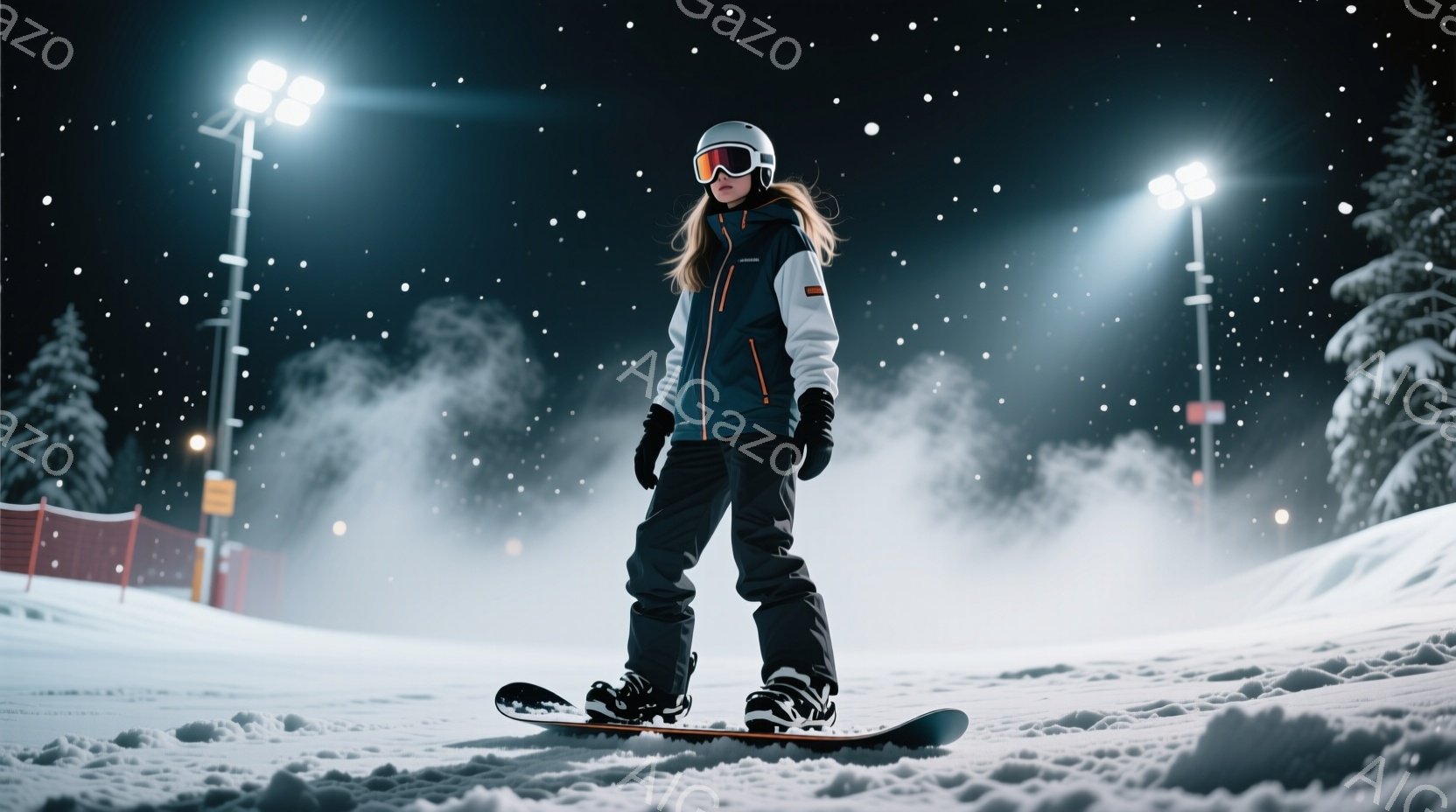 スノーボードウェアを着た女性が雪の上に立っており、ヘルメットとゴーグルを着用し、髪は少し見えています。彼女はボードの上に立って、自信に満ちた表情で正面を見据えています。背景には雪が降り積もり、スキー場の照明とネットがぼんやりと見え、夜間のスキー場の静かで冷たい雰囲気が漂っています。