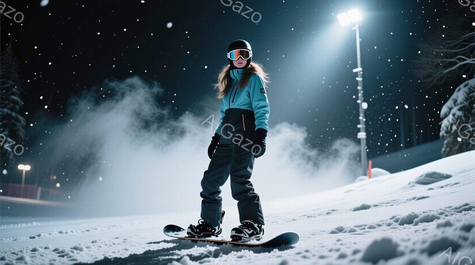 スノーボードウェアに身を包んだ女性が雪の上に立っている。彼女は黒いヘルメットとゴーグルを着用し、明るい茶色の髪はゴーグルの下から覗いている。背景には雪が降る夜のスキー場が見え、ライトアップされたゲレンデが広がっている。