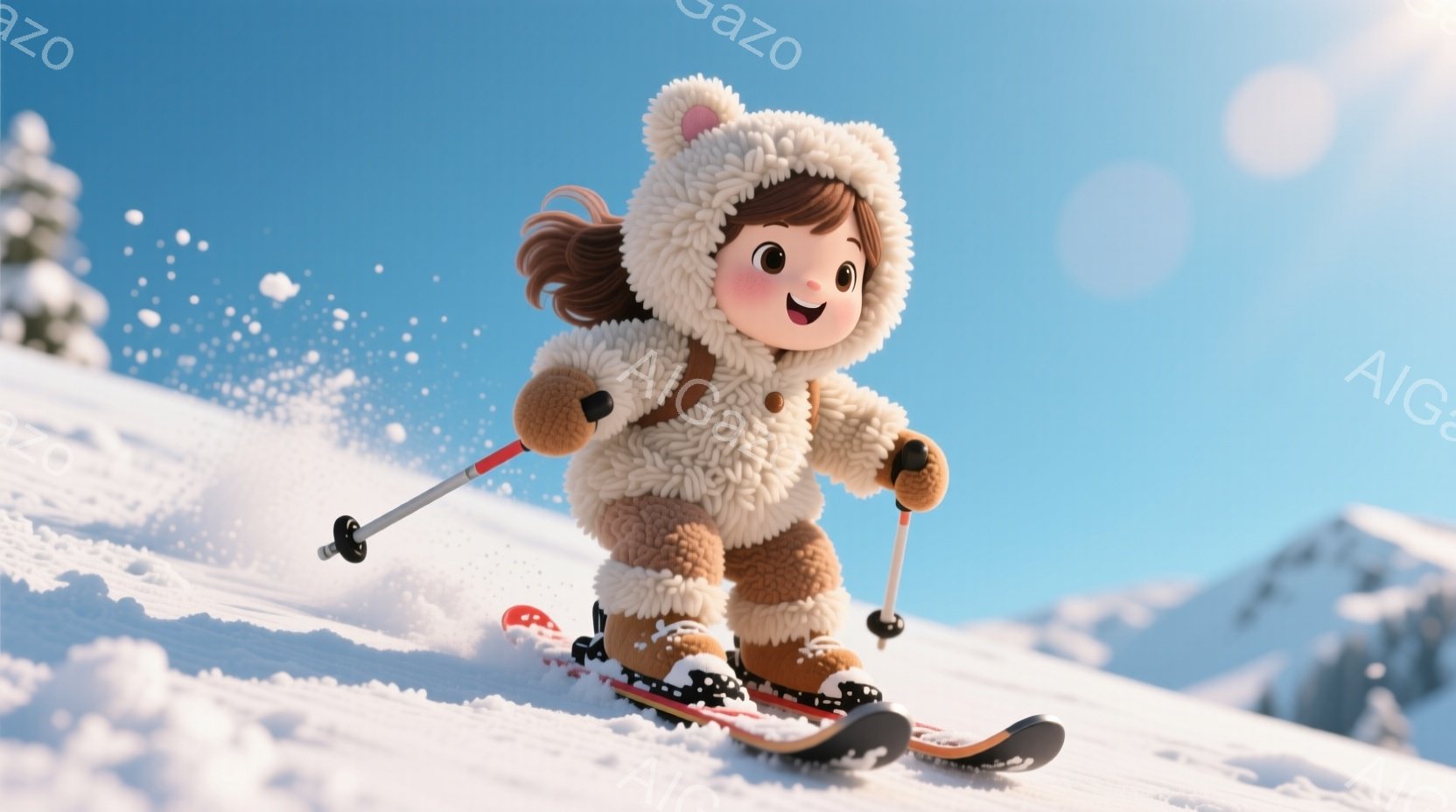 少女はスキー場で滑走しており、ふわふわしたクリーム色のニットのスキーウェアと帽子を着用し、茶色の髪は後ろで結ばれています。彼女は笑顔で前を見つめ、スキー板を巧みに操り、雪煙を巻き上げながら滑っています。背景には雪山がそびえ立ち、晴れた青空が広がり、冬の爽やかな雰囲気を醸し出しています。