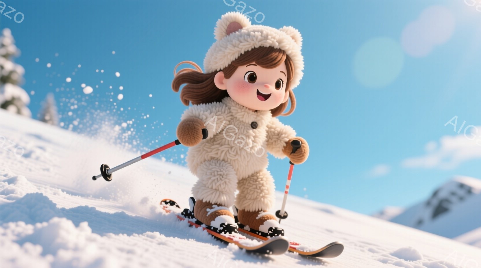 雪山をスキーで滑る若い女の子が描かれています。彼女はふわふわの白いクマの着ぐるみのような服を着ており、茶色の髪はゆるくカールして帽子から出ています。背景には雪に覆われた山々と澄んだ青空が広がり、晴れた冬の日の活気ある雰囲気を醸し出しています。
