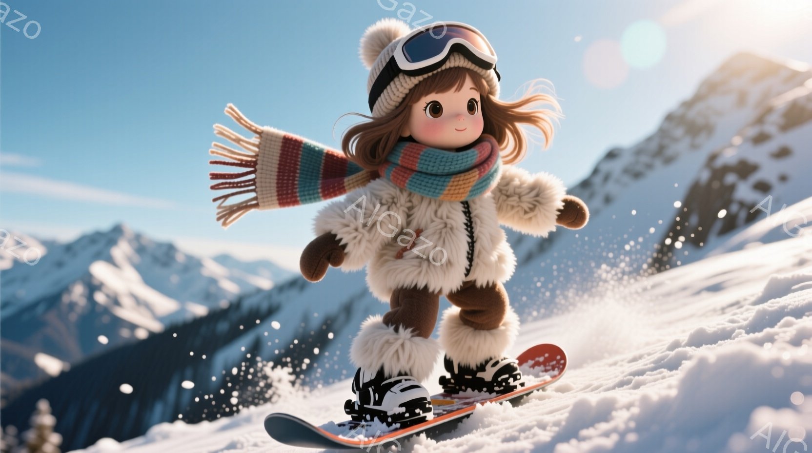 雪山を滑走する少女が描かれています。彼女はふわふわの白い毛皮のコート、カラフルなストライプのニット帽とマフラーを身に着け、茶色のズボンと黒いスノーボードブーツを履いています。背景には雪を抱いた山々が広がり、晴天の下、雪が舞う冬の景色が広がっています。