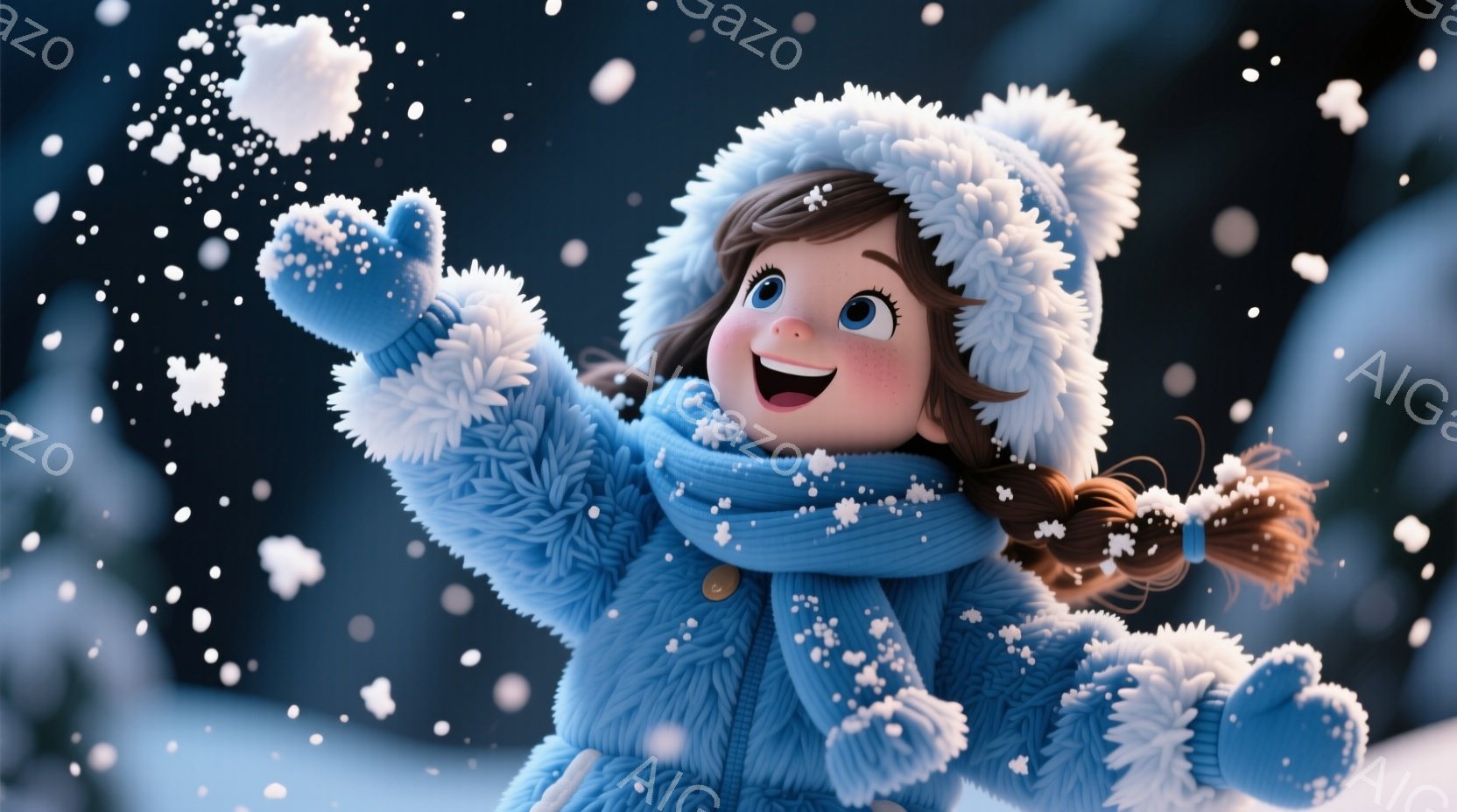 明るい青色の冬物コート、マフラー、帽子を身に着けた少女が、雪の中で両手を広げて喜んでいます。彼女は茶色の髪を二つに結び、笑顔で、頬はほんのり赤らんでいます。背景は雪景色で、雪片が舞い散っており、全体的に温かく、楽しい雰囲気が漂っています。