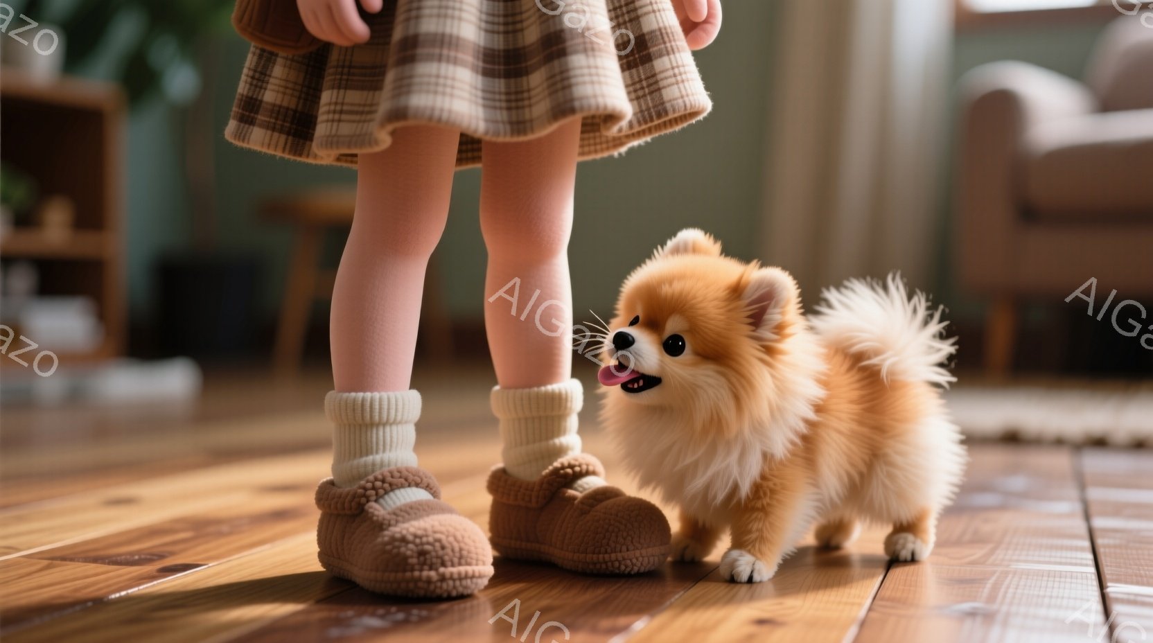 小さな女の子が立っており、足元にはふわふわのクリーム色の犬がいます。女の子はチェック柄のスカートと、クリーム色の靴下と靴を履いています。背景は木製の床と、ぼやけた家具があり、全体的に暖かく穏やかな雰囲気です。