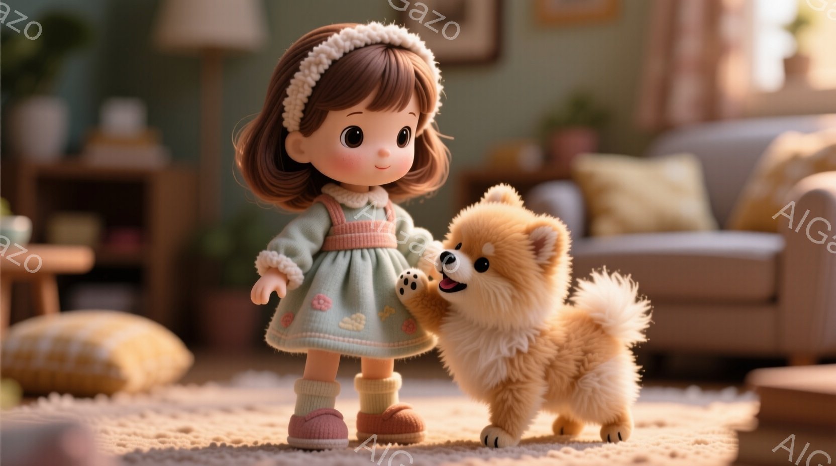 明るいリビングルームで、茶色の髪を頭に巻いた少女が薄緑色のドレスを着ています。彼女はピンク色の靴下とスリッパを履き、微笑んでいます。ふわふわの茶色の犬が彼女の足元に寄り添い、楽しそうにしています。