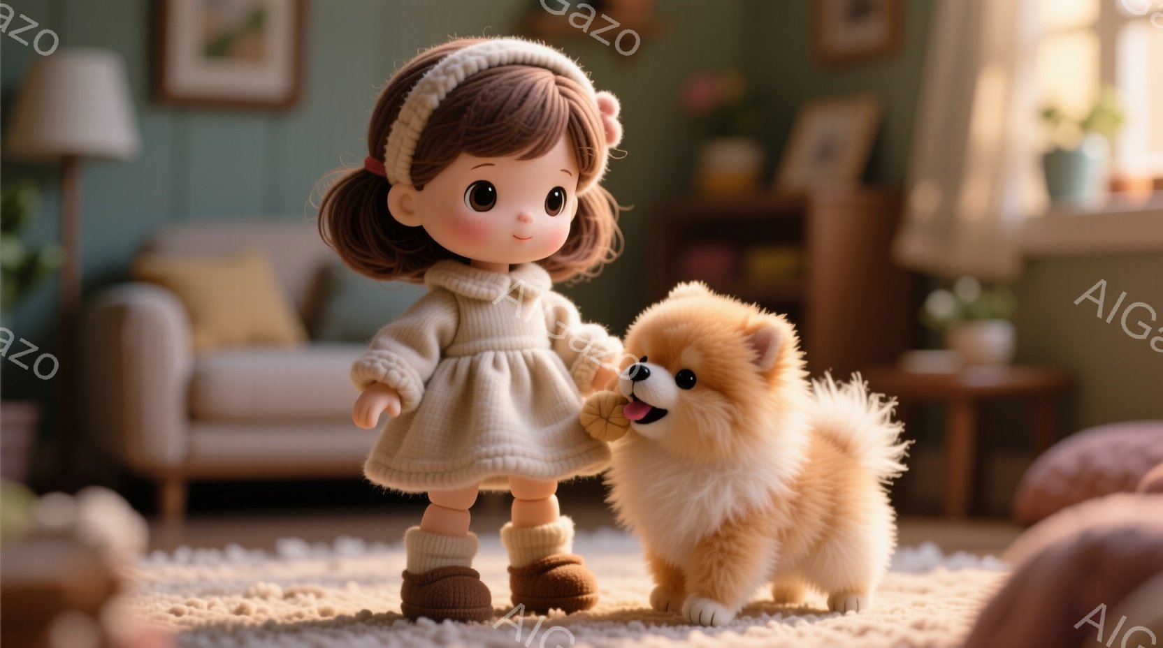 温かい色調の室内で、茶色の巻き毛の少女がベージュ色のワンピースとブーツを身に着けて立っています。彼女は頭にベージュ色のヘッドバンドをつけており、優しい表情をしています。傍らにはふわふわの茶色のポメラニアンがおり、おもちゃをくわえています。