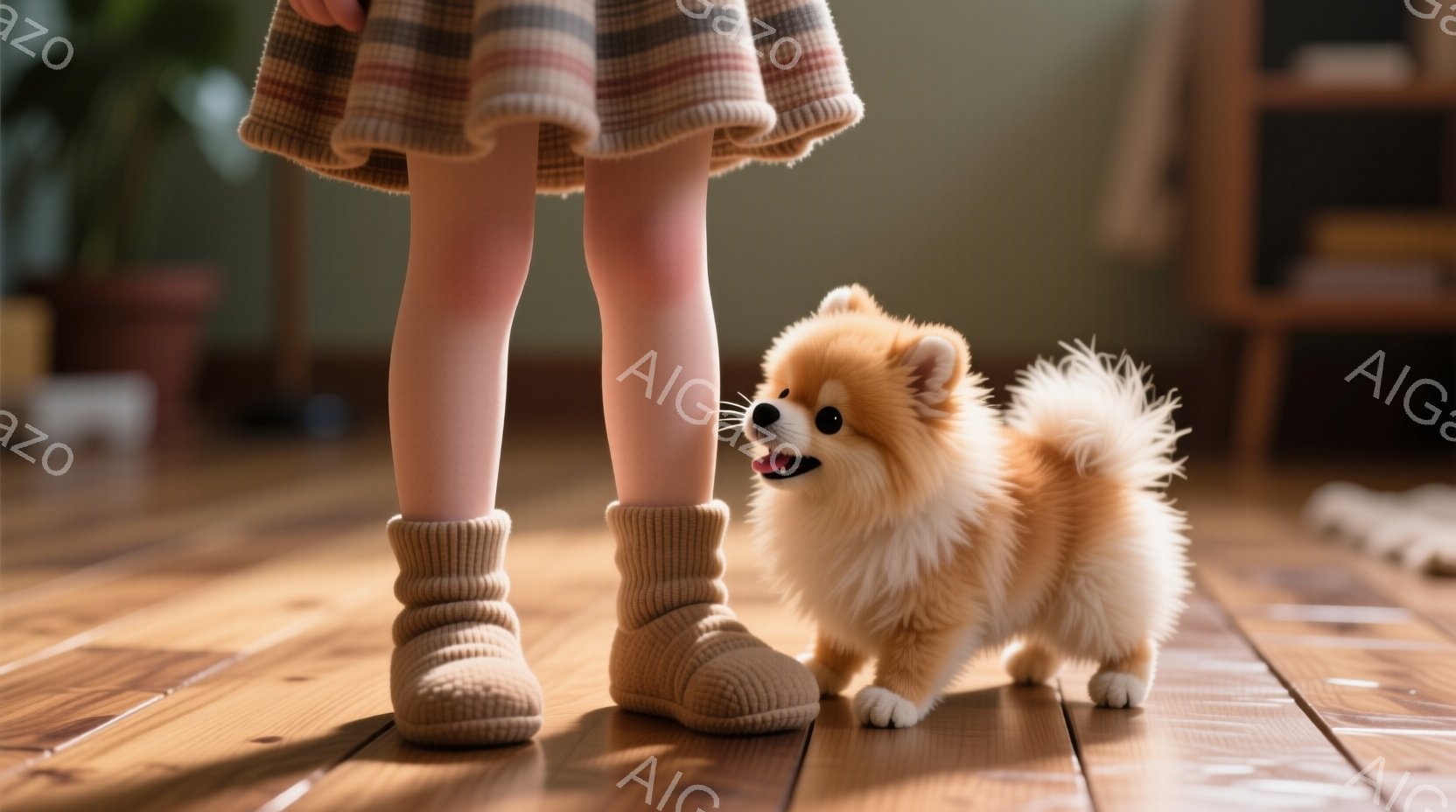 幼い子供の足元には、ふわふわとしたクリーム色のポメラニアンが立っている。子供はベージュ色の厚手の靴下と、チェック柄のスカートを履いており、暖かな室内で安心した様子が伝わる。背景には木製の床と、ぼやけた家具が見え、穏やかで優しい雰囲気が漂っている。