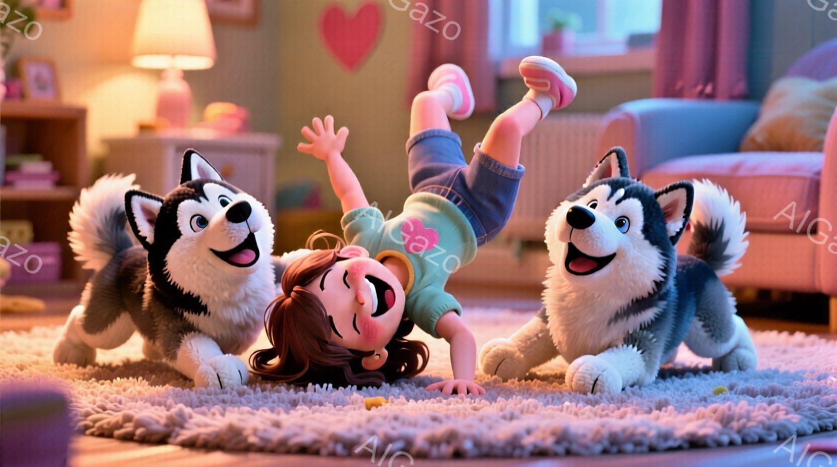 茶髪の少女がリビングルームのカーペットの上で逆立ちをしており、明るい緑色のシャツとジーンズを着用しています。両脇には笑顔のシベリアンハスキーがおり、少女を囲むように楽しそうにしています。背景には、本棚やソファが見え、部屋全体が暖かく、幸せな雰囲気に包まれています。