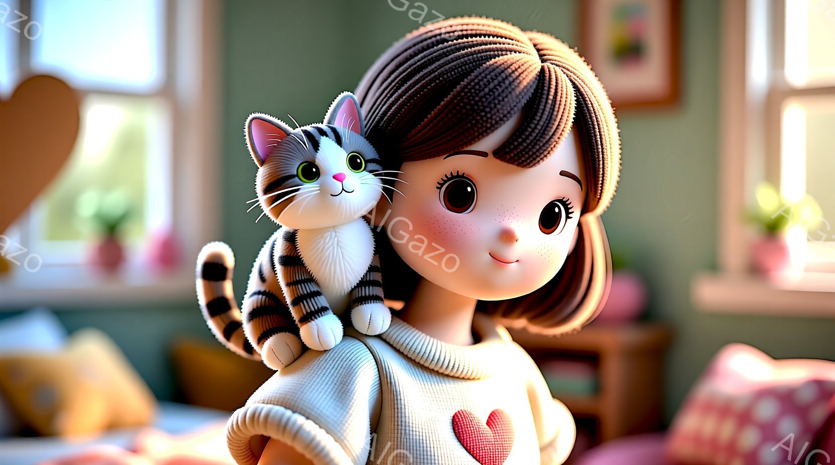 短い茶色の巻き毛の少女が、縞模様の猫を肩に乗せています。彼女は白いセーターを着ており、胸元には赤いハートが描かれています。背景には、窓、植物、暖色系のソファなどが見え、部屋は明るく温かい雰囲気です。 - AI生成フリー素材