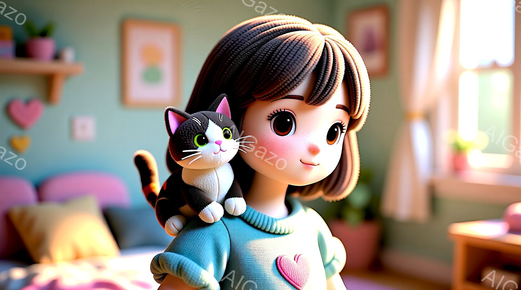 短く巻き毛の茶髪の少女が、黒と白の縞模様の猫を肩に乗せています。少女は水色のセーターを着ており、頬は赤く、表情は明るく微笑んでいます。背景には、植物が飾られた棚、ピンク色のソファ、窓から差し込む暖かい光があり、全体的に温かく、居心地の良い雰囲気を醸し出しています。