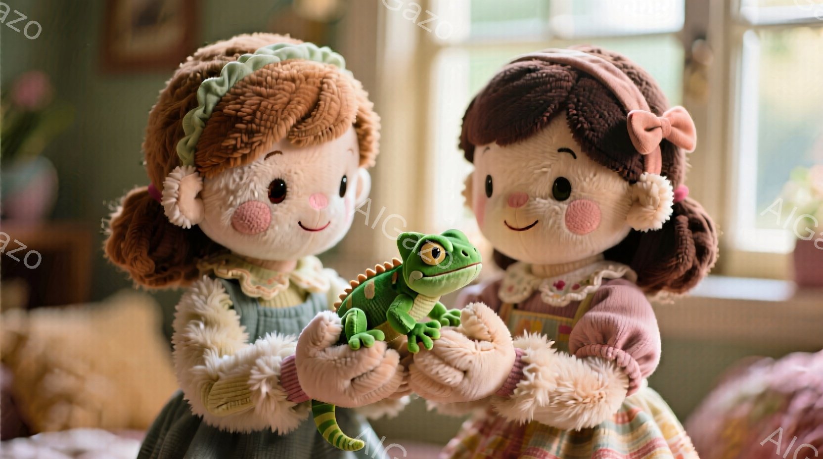 二人の愛らしい人形が、緑色のトカゲを抱きかかえて正面を見つめています。人形たちは、ピンク色のドレスに薄い緑色のベストを着ており、茶色の巻き毛にピンク色のリボンをつけています。背景には、ぼやけた家具や絵画が見え、温かく、優しい雰囲気が漂っています。