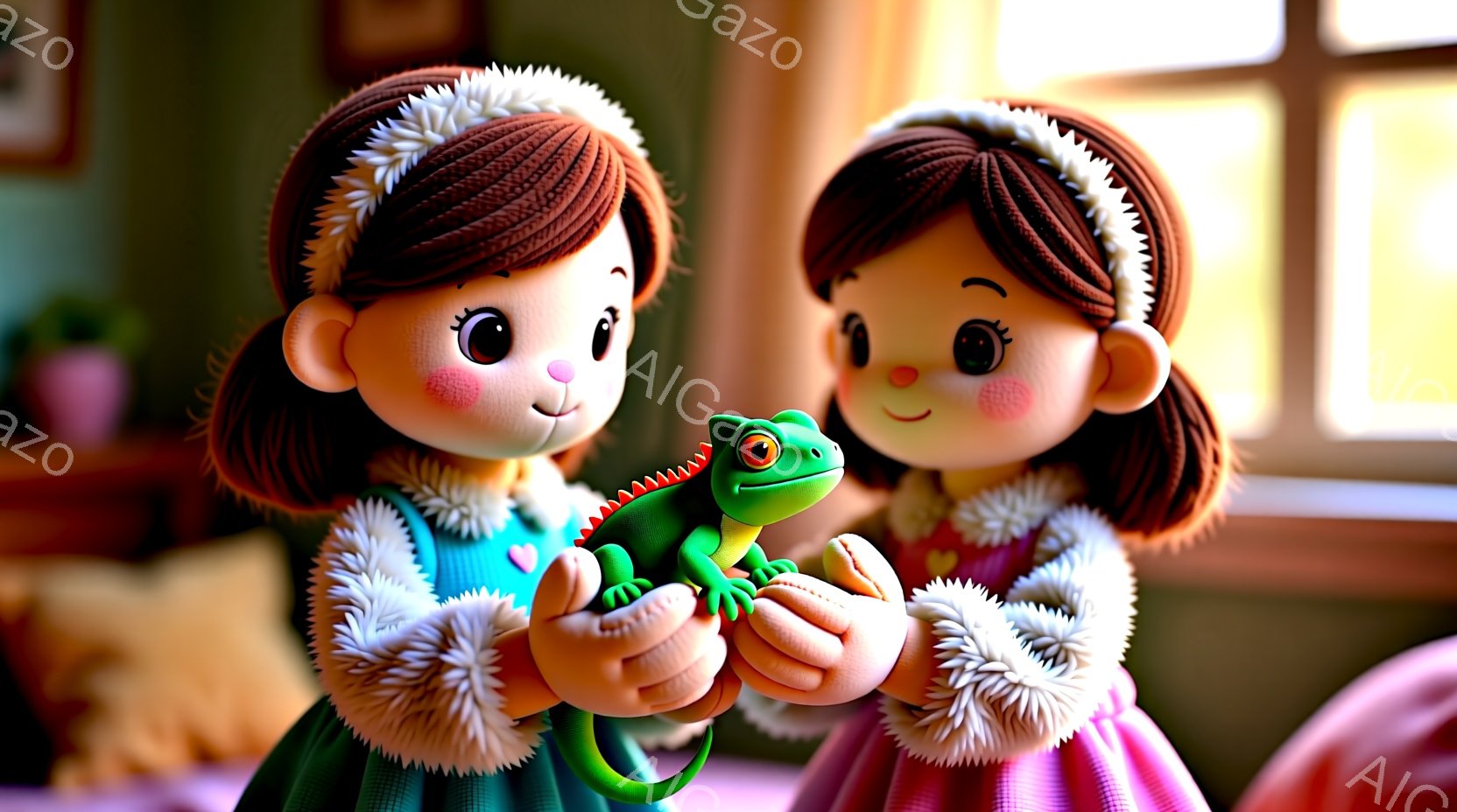 同じ服装をした2人の若い女性が描かれています。彼女たちは茶色の巻き毛に白いヘッドバンドをつけ、ピンク色のドレスに白い毛皮の襟を付けています。彼女たちは緑色のトカゲを抱えており、それぞれ明るく幸せそうな表情をしています。