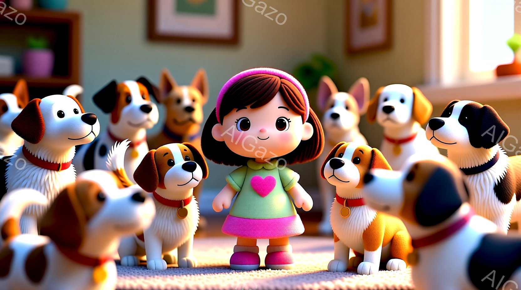 茶髪の短い髪に、ピンク色の服を着た幼い女の子が、たくさんのダルメシアンに囲まれています。彼女は明るい笑顔で、胸元にはハート型の飾りをつけており、ダルメシアンたちはそれぞれ首輪をつけて彼女を見つめています。背景には暖色系の壁と絵画があり、全体的に温かく優しい雰囲気です。